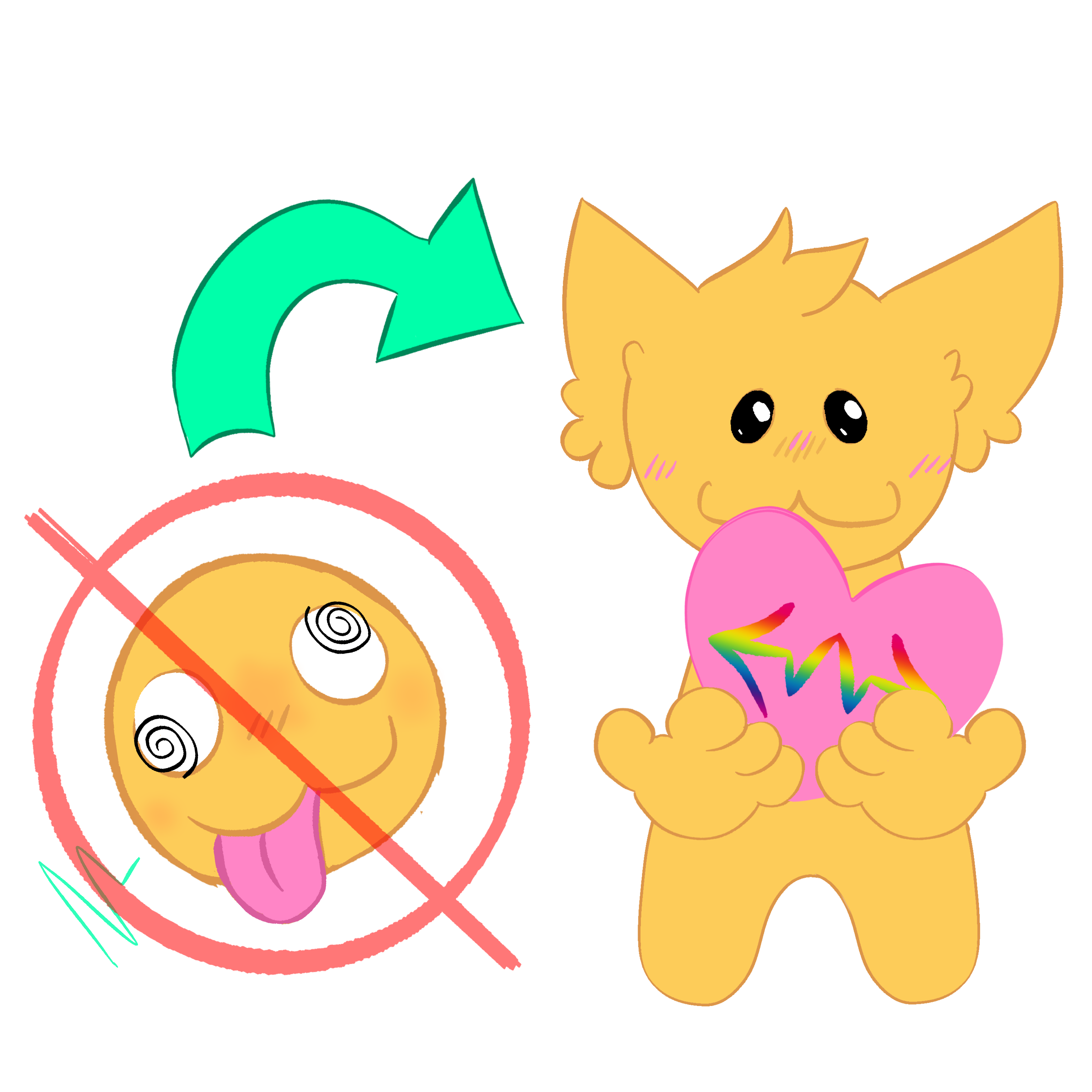 a dizzy-faced emoji with spiral eyes and its tongue sticking out, circled and crossed out with a red line, a green arrow pointing from the crossed-out emoji to a cute, yellow anthropomorphic creature with fluffy ears and a happy expression. The creature is holding a pink heart with a rainbow schizophrenia symbol on the inside
